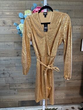 INC International Concepts Women's Gold Sequin Long Sleeve Dress